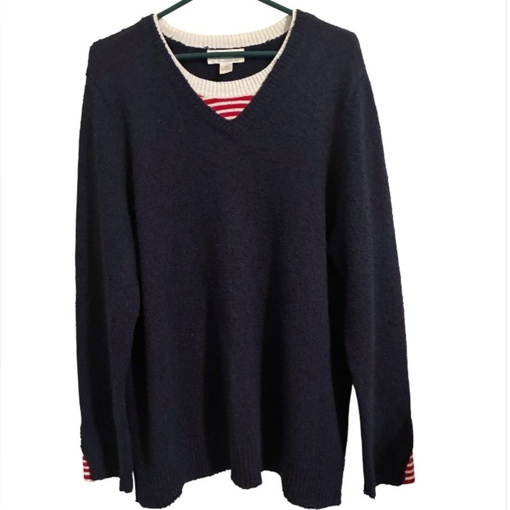 CJ Banks Top Sz 1X Navy V-Neck Sweater Plus Striped Cuffs Nautical Knit Pullover